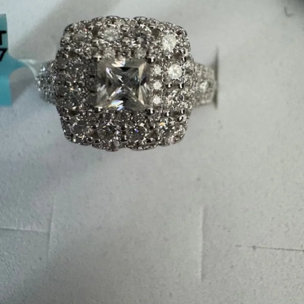Elegant Square Halo Silver-Tone Ring with Clear Stones